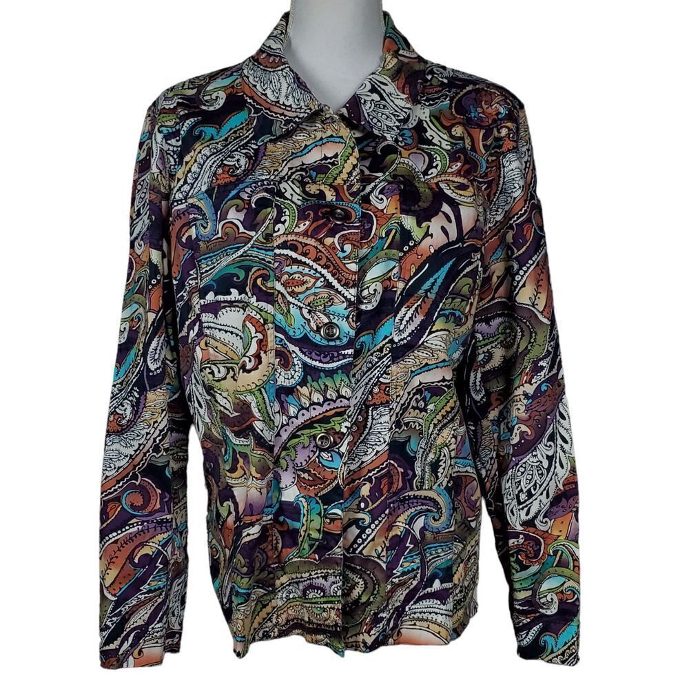 Chico's Jacket Size Extra Large Paisley Green Brown Artsy Boho Maximalist Fun - Picture 3 of 11